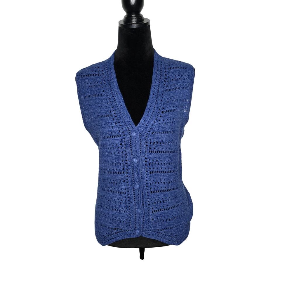 VTG Woolrich Women’s L Blue Crochet Knit Vest Button Front Hemp Cotton Boho